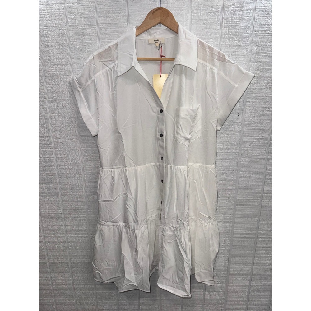 Entro Shirt Dress Women White Tiered Button Front Short Sleeve L D22340